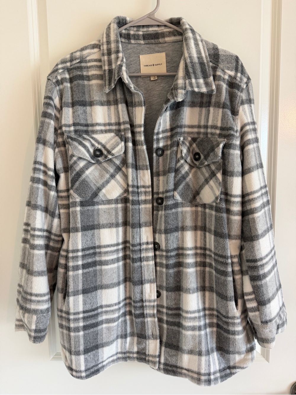 Thread & Supply Women’s Gray and White Plaid Flannel Shacket
